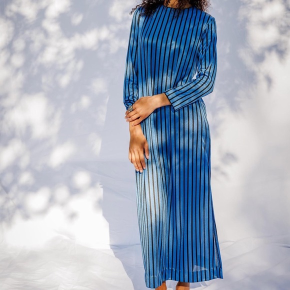Vintage Dresses & Skirts - Vintage Blue and Black Striped Long Sleeve Dress